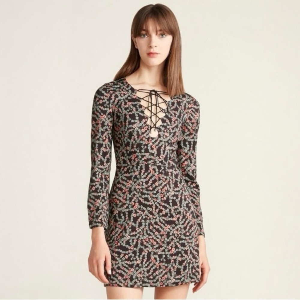 Saloni Nurul Floral Print lace-up V neck Long Sleeve Bodycon Mini Dress Size 6 - Picture 5 of 13